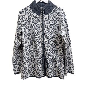 Pendleton Lambs Wool Angora Cardigan Sweater Women Medium Gray Cheetah Print‎